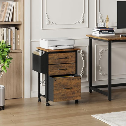 3 Drawer File Cabinet with 18'' Extended Board, Fabric Drawer, Mobile Filing Cabinet Fits A4/Letter Size Files, Rolling Printer Stand with Storage Bag, File Cabinet Home Office, Rustic Brown