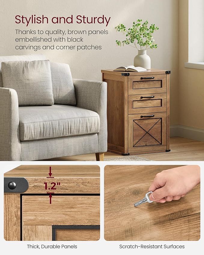 VASAGLE File Cabinet, Filing Cabinet with 3 Drawers, Printer Stand, Fit A4, Letter Size, Hanging File Folders, Modern Farmhouse Style, for Home Office, Study, Honey Brown UOFC054T41