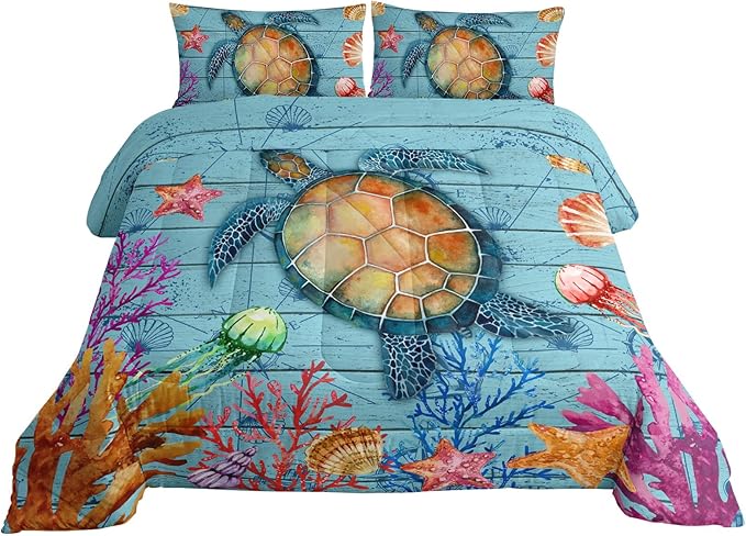 Datura home Sea Turtle Bedding Comforter Set Sea Turtle Ocean Beach Printed Pattern Bedding Set with 1 Comforter and 2 Pillowcases for Boys Bedroom All Season(Sea Turtle Twin)