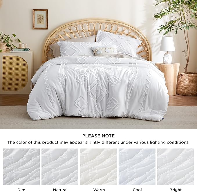 Bedsure Boho Comforter Set King - White Tufted Bedding Comforter Set, 3 Pieces Farmhouse Shabby Chic Embroidery Bedding Set, Soft Geometric Pattern Comforter for All Seasons