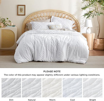 Bedsure Boho Comforter Set King - White Tufted Bedding Comforter Set, 3 Pieces Farmhouse Shabby Chic Embroidery Bedding Set, Soft Geometric Pattern Comforter for All Seasons