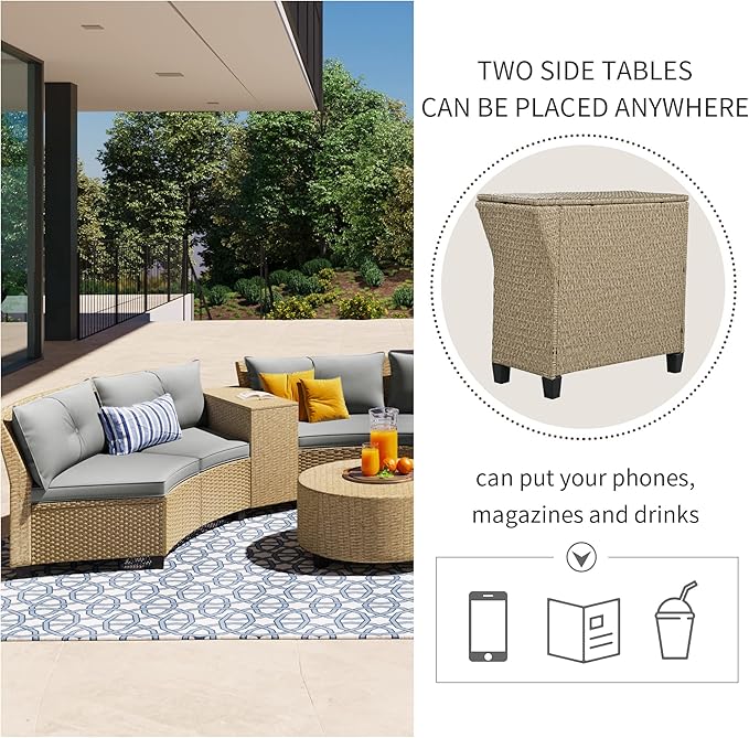 Outdoor 9 Pieces Patio Furniture Half Moon Wicker Sofa Sets, Fan-Shaped Curved Sectional Couch with Coffee Table and Gray Cushions, 1, Brown Rattan