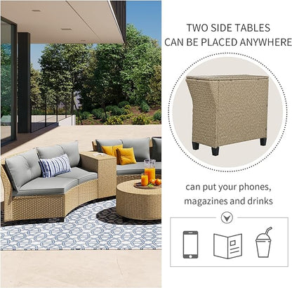 9 Pieces Outdoor Furniture Half Moon Wicker Patio Sets with Coffee Table, All-Weather Fan-Shaped Curved Sectional Sofa Couch with Gray Cushions, Onesize, Brown Rattan