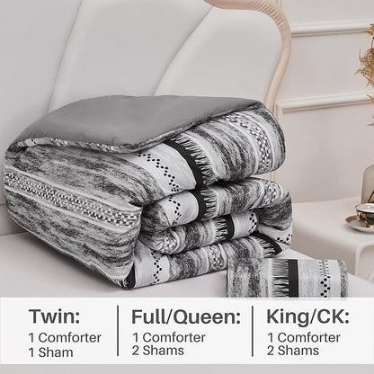 Striped Queen Size Comforter Set, Grey Black 3 PCS Microfiber Soft Lightweight Bedding Set