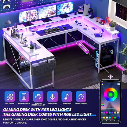 U Shaped Computer Gaming Desk, Reversible L Shaped Desk with Power Outlets, LED Strip & Monitor Stand, Large Corner Desk with Storage Shelves for Home Office, White