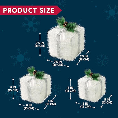 Joiedomi Christmas Lighted Gift Boxes, Christmas Decorations Set of 3, Light up Present Boxes, 60 LED Warm White Lights for Indoor Holiday Décor, Christmas Eve Night Décor