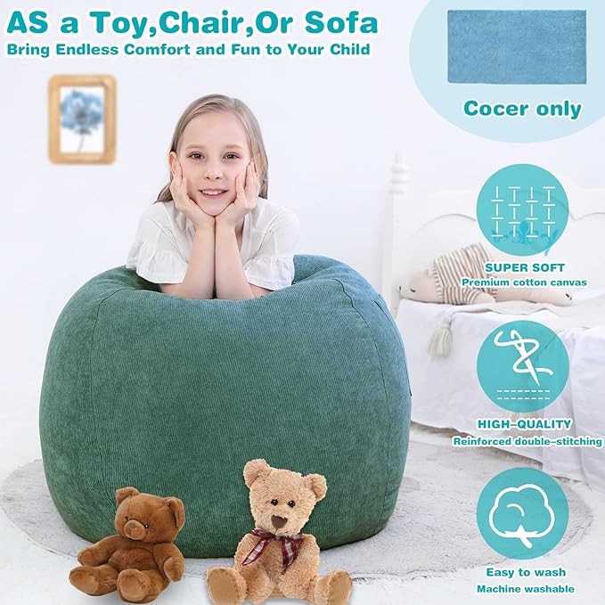 Stuffed Animal Storage Bean Bag Chair Cover (No Filler) for Kids and Adults.Soft Premium Corduroy Stuffable Beanbag for Organizing Children Plush Toys or Memory Foam Small 100L (Green)