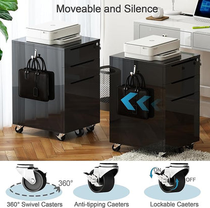 ChooChoo High Glossy File Cabinet with Lock,3 Drawer Rolling Filing Cabinet Fits Legal Size/A4/Letter, Under Desk File Cabinet with Hook for Home Office, Black
