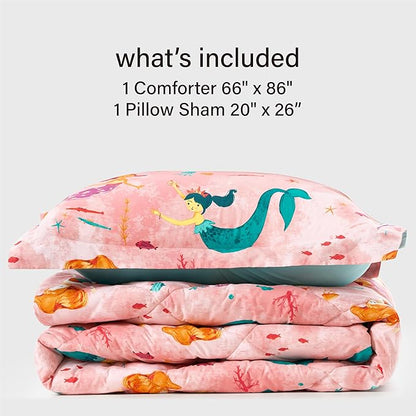 Twin Mermaid Bedding Sets for Girls, 2 Pieces Kids Twin Comforter Sets, Super Soft Lightweight for All Seasons, Includes 1 Comforter (66"x86") and 1 Pillowcase (20"x26"+2")