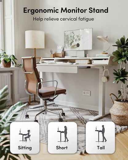 BANTI Height Adjustable Electric Standing Desk with Three Drawers, 48 x 25 Inch Table with Storage Shelf, Sit Stand Desk with Storage Space, Splice Board with White Frame/Light Walnut Top, 48 inch