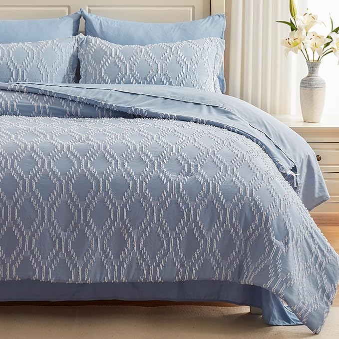 EMME Twin Comforter Set - 5 Pcs Blue Boho Bedding Sets, Twin Size Tufted Comforter with Sheets, Shabby Chic Embroidery Bed Set Fluffy Bed Bag for All Season(68"X90")