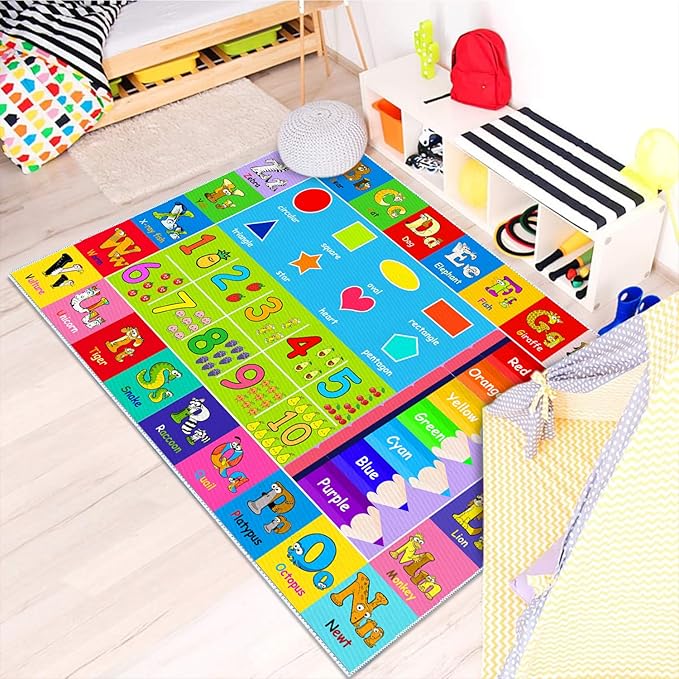 Kids Alphabet Play Game Rug - 3' 3" x 5' 3" ABC Numbers and Shapes Educational Learning Toddler Carpet - Kids Room Playroom Classroom Kindergarten Activity Fun Soft Non-Slip Mat
