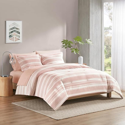 Codi Teen Girl Bedding Full Size, Pink Striped Bed in a Bag Reversible All Season Bed Set, 7 Piece Comforter Set with 2 Pillow Shams, Flat Sheet, Fitted Sheet and 2 Pillowcases