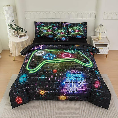 NINENINE Gaming Bedding Sets for Boys, 6PCS Queen Size Comforter Sets for Boys,Gamer Bedding Bed in A Bag Comforter Sheet Set(1Comforter,1Flat Sheet,1Fitted Sheet,1Cushion Cover,2Pillowcases)…