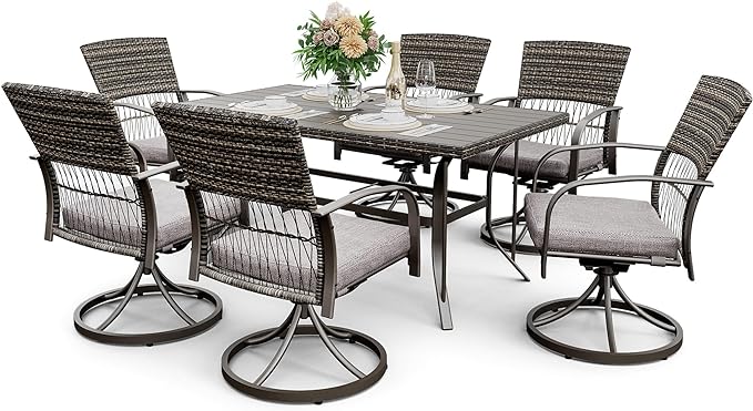 Pamapic 7 Piece Outdoor Dining Set, Rattan Outdoor Patio Furniture Set for Deck Backyard Garden with Iron Outdoor Dining Table, 6 Swivel Outdoor Dining Chairs and Removable Cushions (Gray)