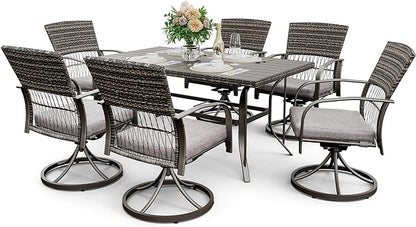 Pamapic 7 Piece Outdoor Dining Set, Rattan Outdoor Patio Furniture Set for Deck Backyard Garden with Iron Outdoor Dining Table, 6 Swivel Outdoor Dining Chairs and Removable Cushions (Gray)