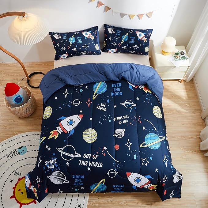 beeweed 2 Piece Kid Comforter Set Twin Size, Space Rocket Bedding Set for Teen Boys Girls