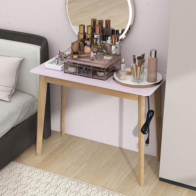 TaoHFE Pink Vanity Table with Rubber Wood Legs Small Spaces Girl Vanity Desk Glossy Pink 39 Inch Makeup Desk with USB Dressing Table No Mirror Computer Desk for Home Modern Vanity Desk for Bedroom