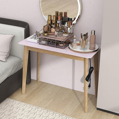 TaoHFE Pink Vanity Table with Rubber Wood Legs Small Spaces Girl Vanity Desk Glossy Pink 39 Inch Makeup Desk with USB Dressing Table No Mirror Computer Desk for Home Modern Vanity Desk for Bedroom
