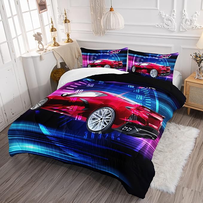 Axolotl Race Car Bedding Set Full Size,Boys Extreme Sports Comforter Set for Kids Boys Car Racing Gifts,Red Cool Car Comforter Car Sports Quilt Set 1 Comforter Set with 2 Pillowcase Car Racing Gifts