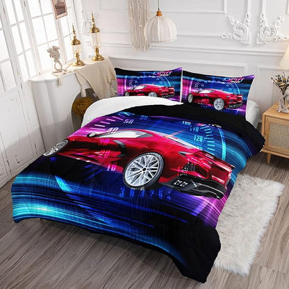 Axolotl Race Car Bedding Set Full Size,Boys Extreme Sports Comforter Set for Kids Boys Car Racing Gifts,Red Cool Car Comforter Car Sports Quilt Set 1 Comforter Set with 2 Pillowcase Car Racing Gifts