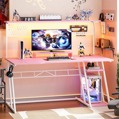 Pink Gaming Desk with Hutch and LED Lights, 55" Computer Desk with Storage Shelves, Reversible PC Gaming Desk with Pegboard, Gaming Table Gamer Desk for Bedroom, Carbon Fiber Pink