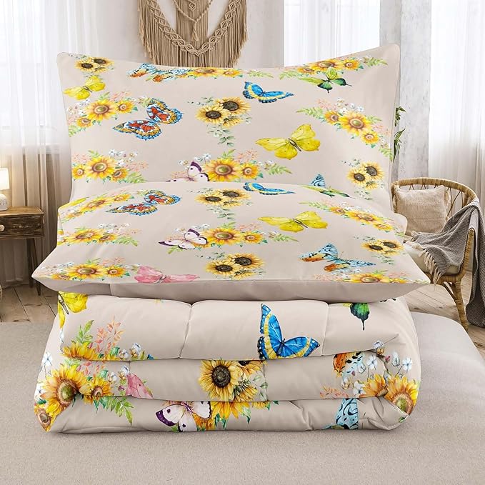 Tailor Shop Sunflower Comforter Sets Full Size,Sunflower Bedding Sets for Teens Kids Butterflies Comforter Sets,Butterfly Bedding Sets Vintage Yellow Flowers Bedding Sets with 2 Pillowcases