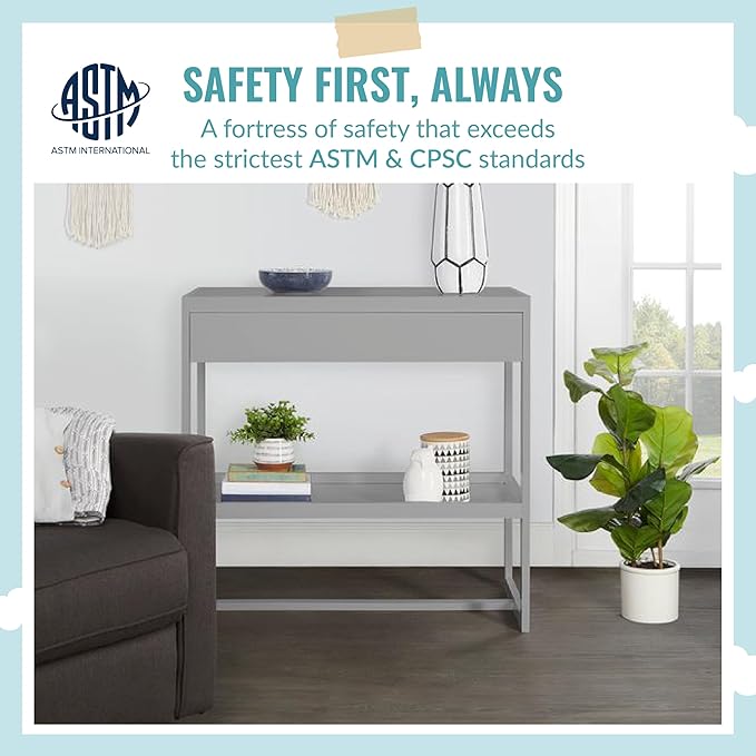 Arlo Changing Table in Pebble Grey, Made of Solid New Zealand Pinewood, Non-Toxic Finish, Comes with Water Resistant Mattress Pad & Safety Strap