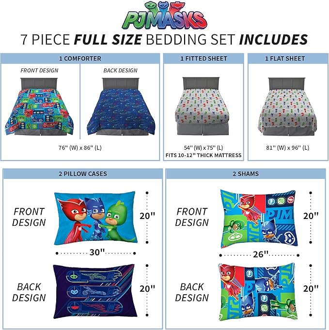 Franco Kids Bedding Super Soft Comforter and Sheet Set with Sham, 7 Piece Full Size, PJ Masks