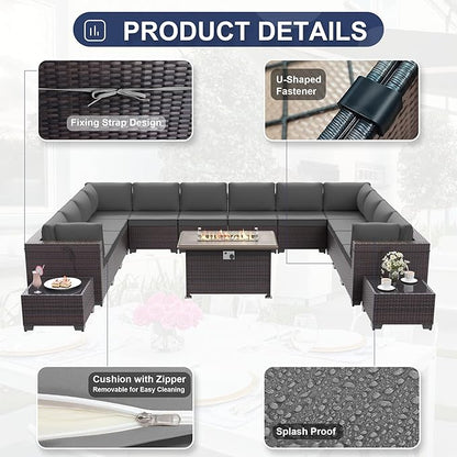 15PCS Patio Furniture Set with Fire Pit Table Outdoor Sectional Furniture Outdoor Sofa Rattan Patio Conversation Sets with 43in 55,000 BTU Propane Gas Fire Pit Table Glass Table, Grey