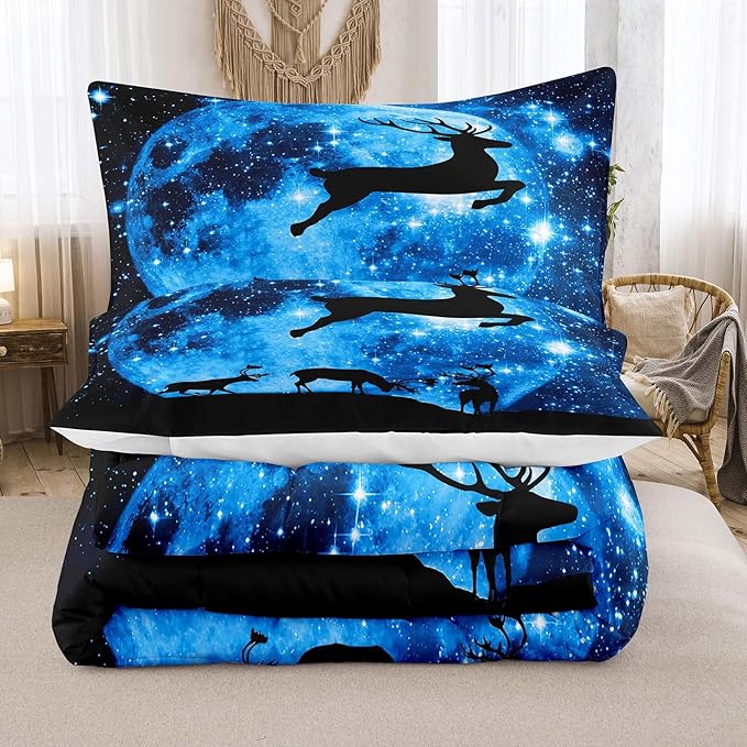 NINENINE Galaxy Deer Comforter Queen Size for Boys Girls Kids,Blue Moonlight Bedding Sets,Outer Space Bedding Set with 1 Comforter 2 Pillowcases