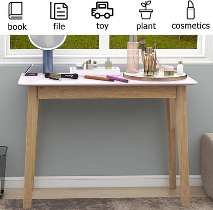 TaoHFE Pink Vanity Desk with Solid Rubber Wood Legs Glossy Pink 39 Inch Vanity Table Computer Desk for Home Small Spaces Girl Makeup Desk Modern Vanity Desk No Mirror Dressing Table for Bedroom