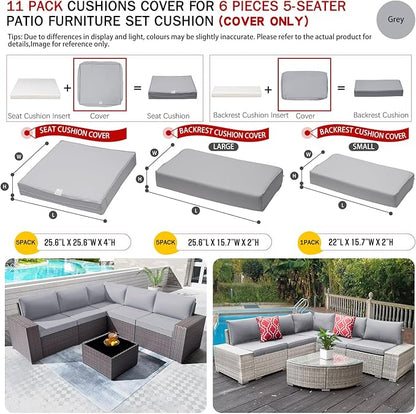 ClawsCover 11Pack Outdoor Seat and Back Cushions Replacement Covers Fit for 5-Seater 6 Pieces Wicker Rattan Patio Conversaton Set Sectional Couch Chairs Furniture,Gray-Include Cover Only