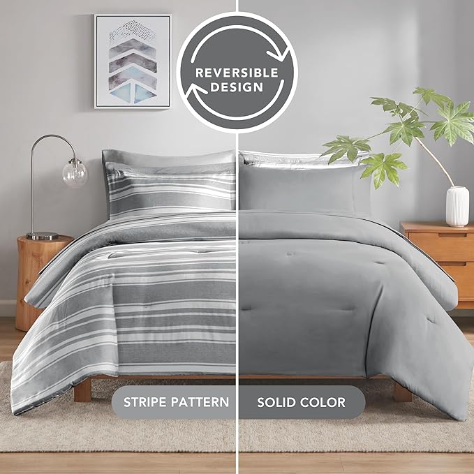 King Size Bed in a Bag, Full Bedding Sets, Modern Farmhouse Grey and White Striped Comforter with Sheets, 7-Piece Complete Bedroom Set