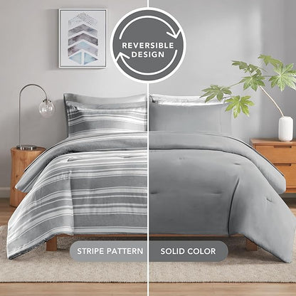 Queen Size Bed in a Bag, Full Bedding Sets, Modern Farmhouse Grey and White Striped Comforter with Sheets, 7-Piece Complete Bedroom Set