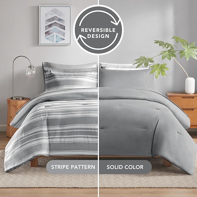 Full-size Bed in a Bag, Full Bedding Sets, Modern Farmhouse Grey and White Striped Comforter with Sheets, 7-Piece Complete Bedroom Set