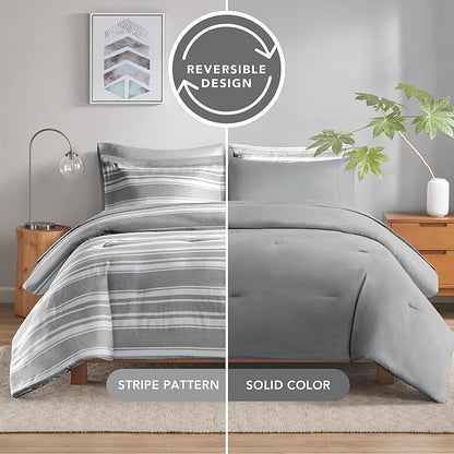 Full-size Bed in a Bag, Full Bedding Sets, Modern Farmhouse Grey and White Striped Comforter with Sheets, 7-Piece Complete Bedroom Set