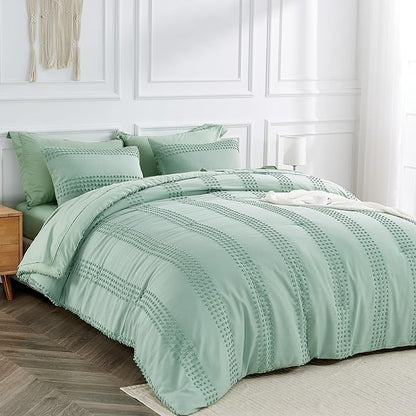 ENJOHOS Sage Green Queen Comforter Set - Boho Bedding Sets Queen Size, 3 PCS Tufted Comforter with Pom Pom Design for All Season, Lightweight Soft Microfiber Cooling Comforter with 2 Pillow Cases