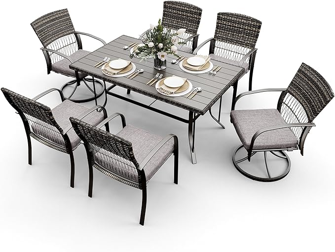 Pamapic 7 Piece Patio Dining Set for 6,Wicker Outdoor Furniture Set for Backyard Garden Deck Poolside with Iron Slats Table Top,4 Dining Chairs and 2 Swivel Rockers,Removable Cushions(Gray)