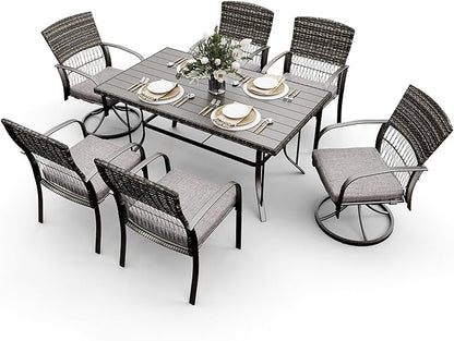 Pamapic 7 Piece Patio Dining Set for 6,Wicker Outdoor Furniture Set for Backyard Garden Deck Poolside with Iron Slats Table Top,4 Dining Chairs and 2 Swivel Rockers,Removable Cushions(Gray)