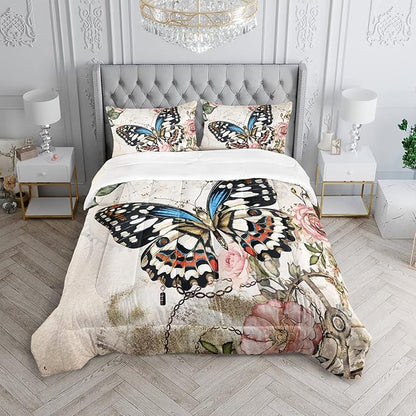 Butterfly Comforter Set for Girls Kids Adults Butterfly Rose Bedding Set Aesthetics Butterflies Quilt Duvet Set Twin Size with 1 Comforter and 2 Pillowcases