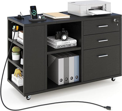 YITAHOME File Cabinet with Charging Station, Mobile Lateral Filing Cabinet with Lock for Home Office, Printer Stand with Open Storage Shelf, Fits A4, Letter, Legal Size Files, Office Furniture, Black