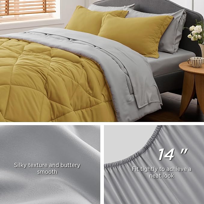Bedsure Mustard Yellow California King Comforter Set - 7 Pieces Reversible Cal King Bed in a Bag, Cal King Mustard Yellow and Grey Bed Set with Comforters, Sheets, Pillowcases & Shams
