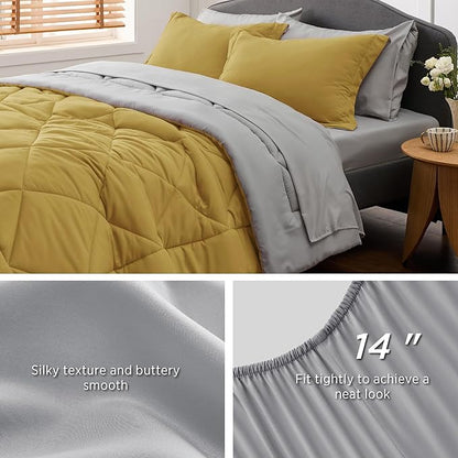 Bedsure Mustard Yellow Queen Comforter Set - 7 Pieces Reversible Queen Bed in a Bag, Queen Bed Set Mustard Yellow and Grey with Comforters, Sheets, Pillowcases & Shams