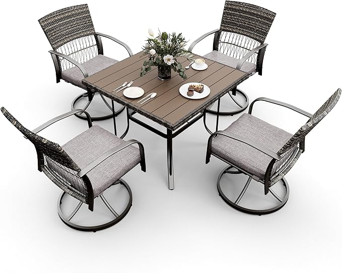 Pamapic 5 Piece Patio Dining Set for 4,Wicker Outdoor Furniture Set for Backyard Garden Deck Poolside with Square Plastic-Wood Table Top,4 Cushions Swivel Rocker Chairs,Removable Cushions(Gray)