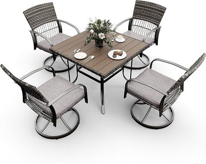 Pamapic 5 Piece Patio Dining Set for 4,Wicker Outdoor Furniture Set for Backyard Garden Deck Poolside with Square Plastic-Wood Table Top,4 Cushions Swivel Rocker Chairs,Removable Cushions(Gray)