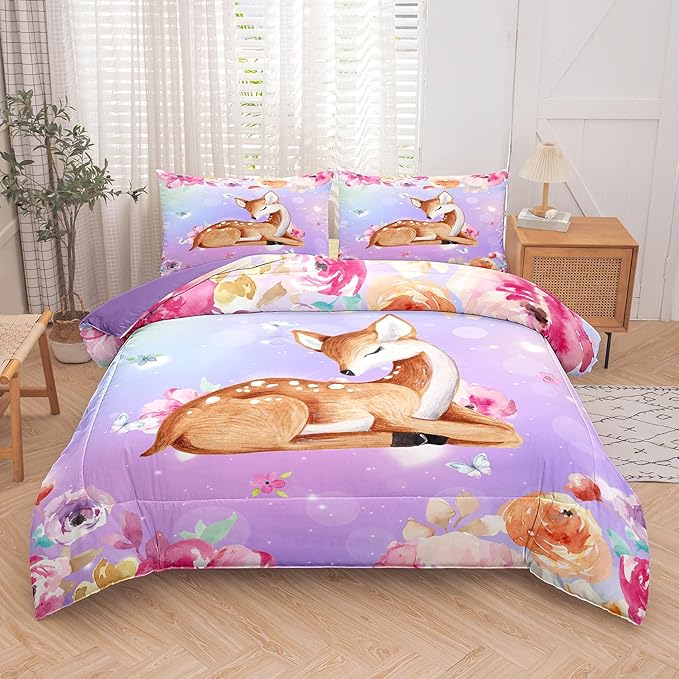 NINENINE Deer Bedding Kawaii Deer Comforter Sets for Girls Kids,Cute Deer Bedding Queen Size Comforter sets for Girls,Watercolor Wildlife Bedding Set with 1 Comforter 2 Pillowcases…