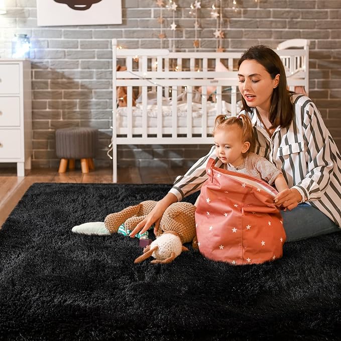 Super Soft Fluffy Shaggy Rugs 5x8 Feet for Living Room Bedroom, Fuzzy Plush Area Rugs for Girls Kids Room Nursery Home Decor, Furry Dorm Rug Cute Non-Slip Indoor Floor Carpet, Black