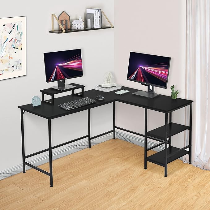 L-Shaped Desk,Corner Computer Desk with Storage Shelves,Large Gaming Desk PC Laptop Writing Workstation with Monitor Stand for Home Office Black