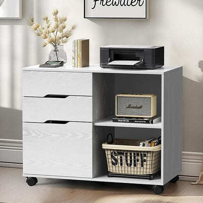 Sweetcrispy 3 Drawer File Cabinet Organizer Lateral Printer Stand Rolling Desk with Adjustable Storage Shelves for Office Home Small Space, White Wood